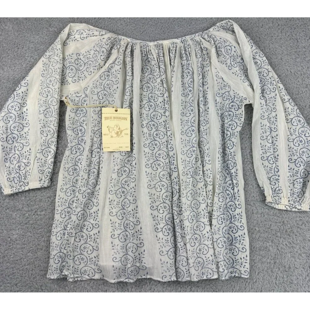 True Religion Womens Boho Top S Blue & White Trellis Print With Princess Seams - Picture 16 of 16